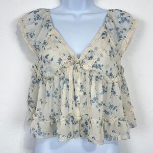 Coquette Romantic Cottagecore Peplum Top Sz XS Floral Lace Ruffle Cropped Flowy